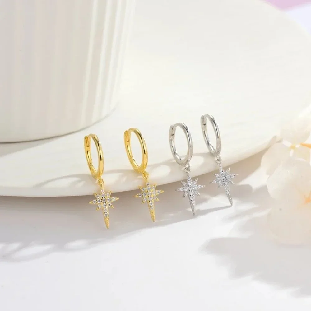 14k Gold Star Diamonds Huggie Hoop Earrings Sterling Silver - Picture 3 of 9